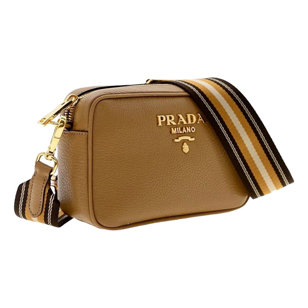 Prada Crossbody Bag - Tan Caramel Leather Bag with Stripe Strap -   Shop Bags LLC 
