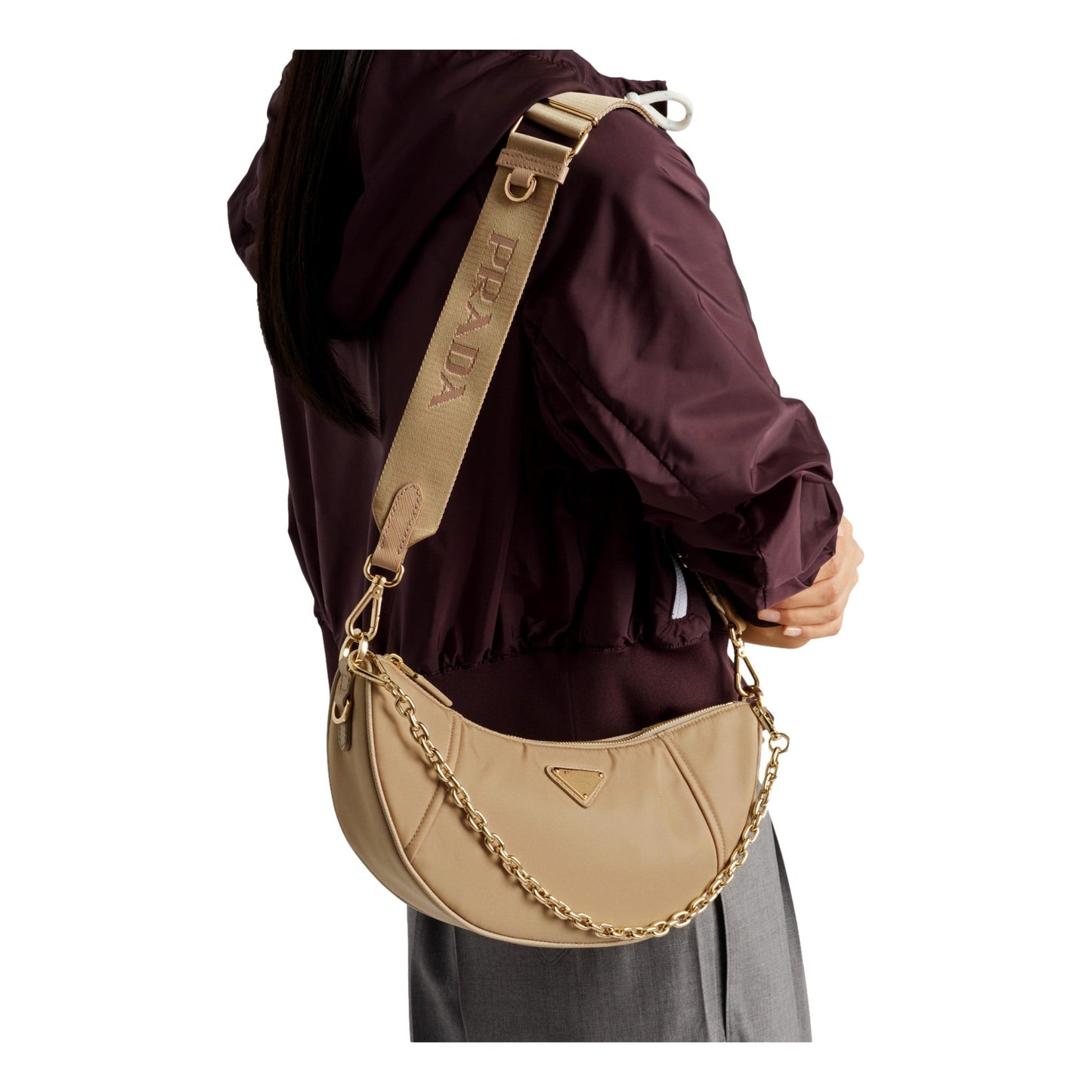 Prada Demi Lune Re-Nylon Crescent Shoulder Bag Beige -   Shop Bags LLC 