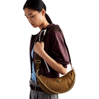 Prada Demi Lune Re-Nylon Crescent Shoulder Bag Brown -   Shop Bags LLC 