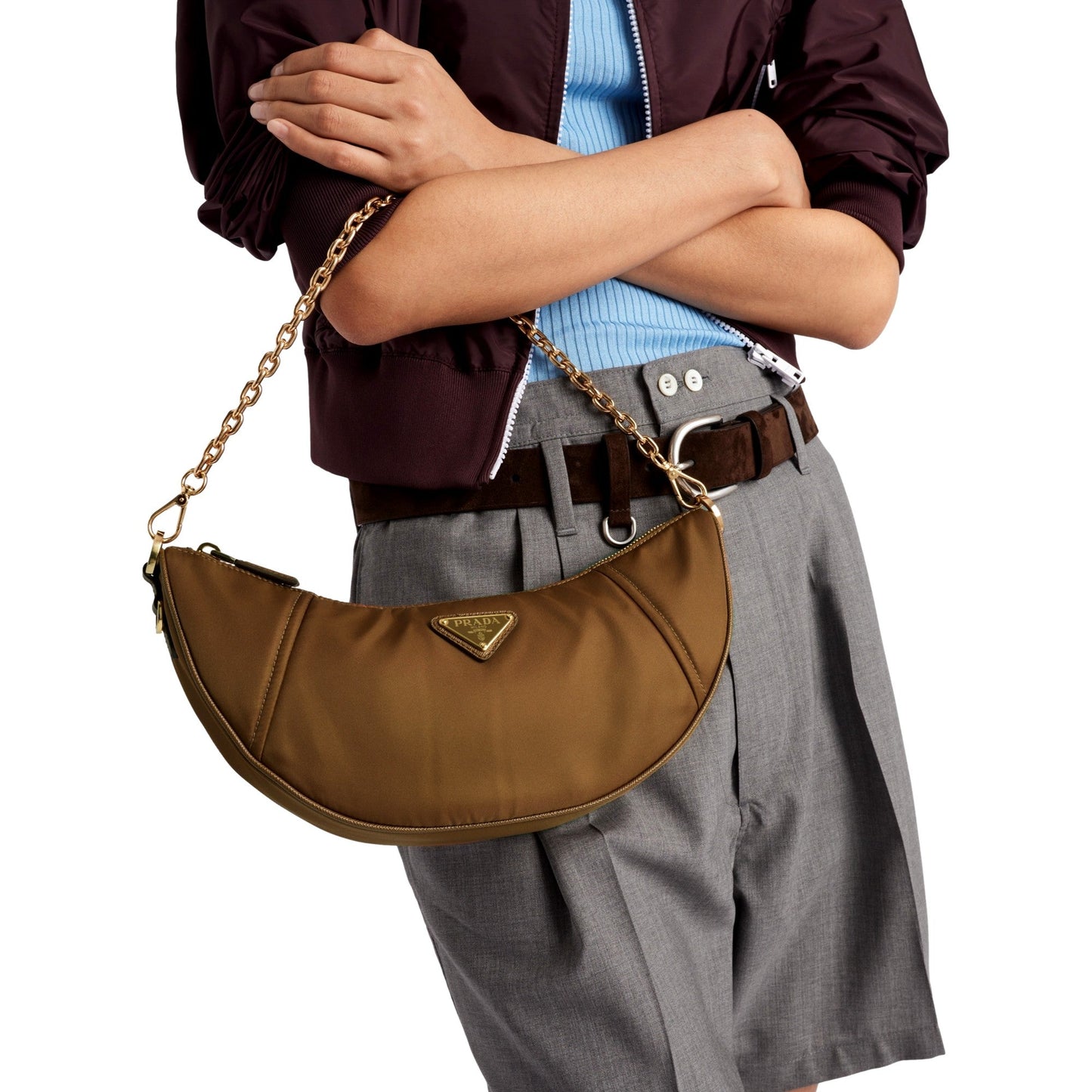 Prada Demi Lune Re-Nylon Crescent Shoulder Bag Brown -   Shop Bags LLC 