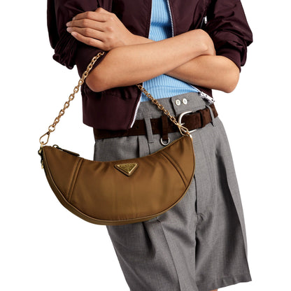 Prada Demi Lune Re-Nylon Crescent Shoulder Bag Brown -   Shop Bags LLC 