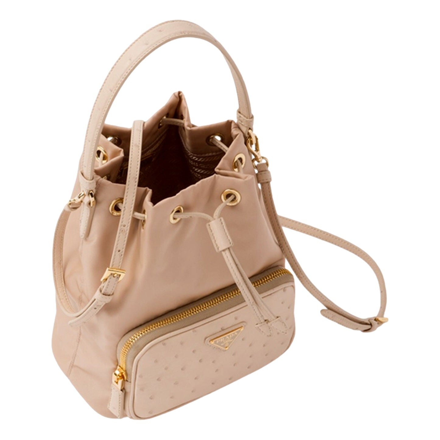 Prada Duet Tessuto: Luxury Ostrich Leather Bucket Bag in Beige -   Shop Bags LLC 
