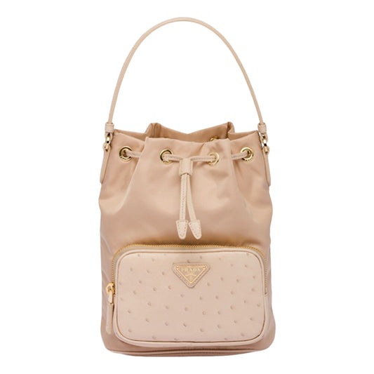 Prada Duet Tessuto: Luxury Ostrich Leather Bucket Bag in Beige -   Shop Bags LLC 
