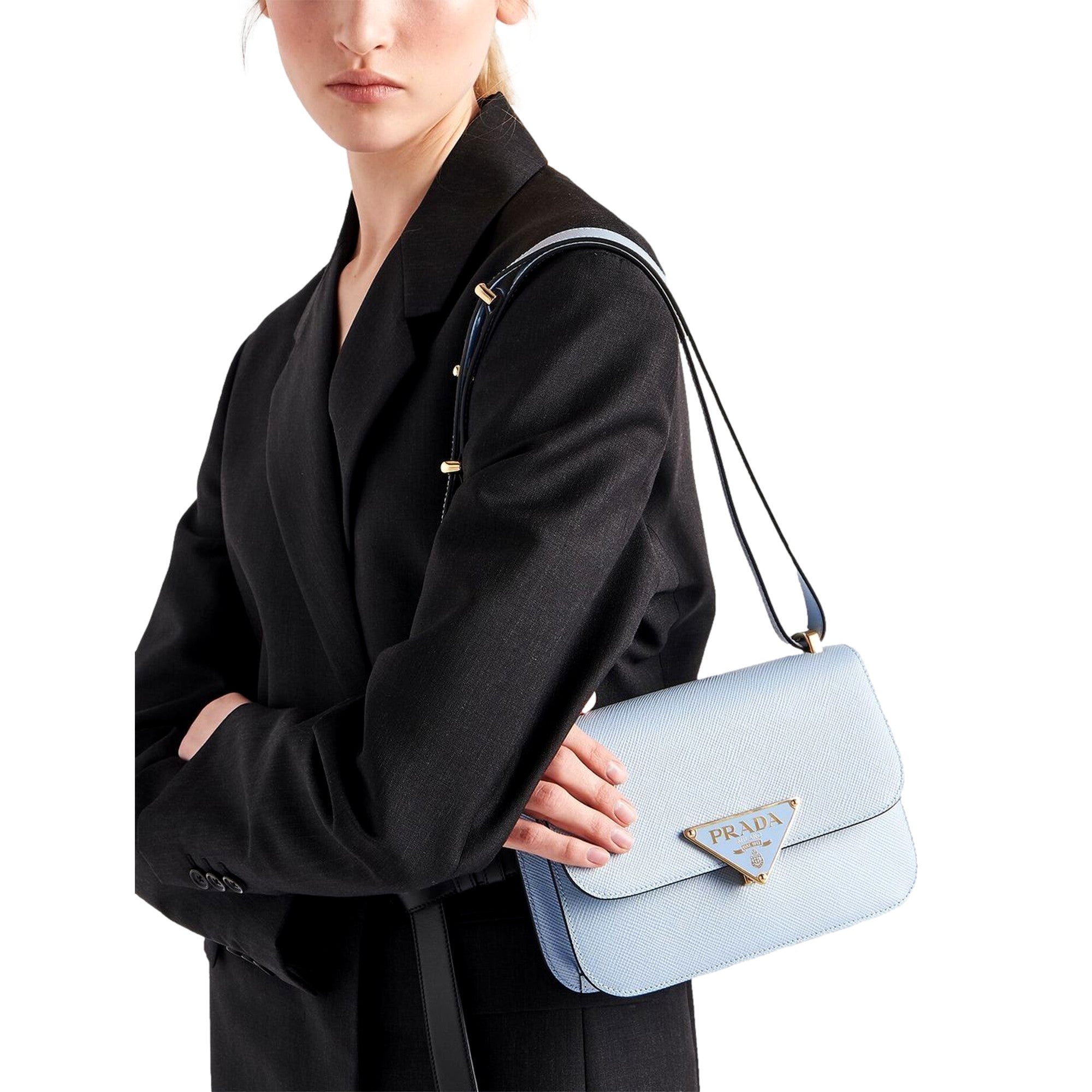 Prada Embleme Triangle Logo Saffiano Leather Bag - Celeste Blue -   Shop Bags LLC 