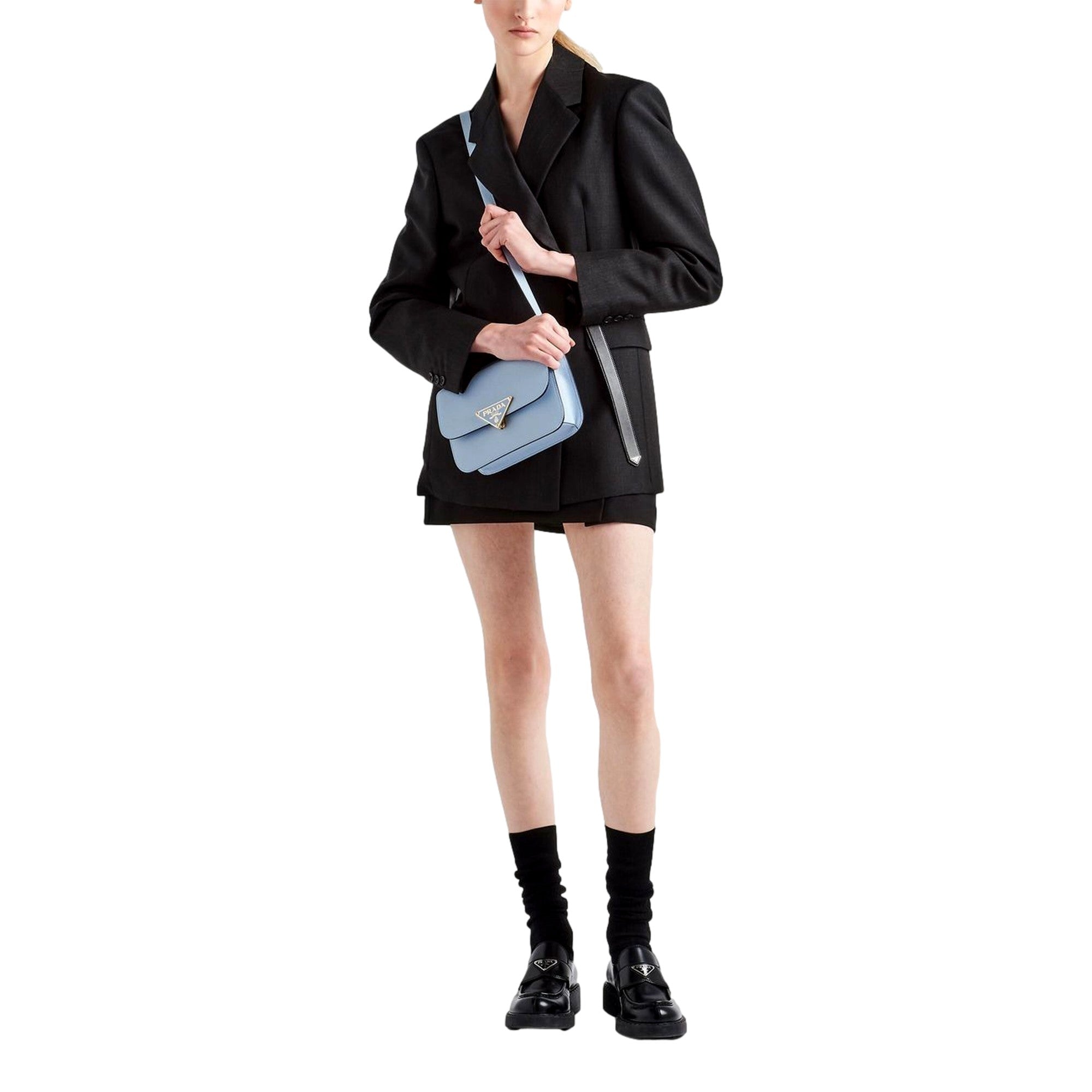 Prada Embleme Triangle Logo Saffiano Leather Bag - Celeste Blue -   Shop Bags LLC 