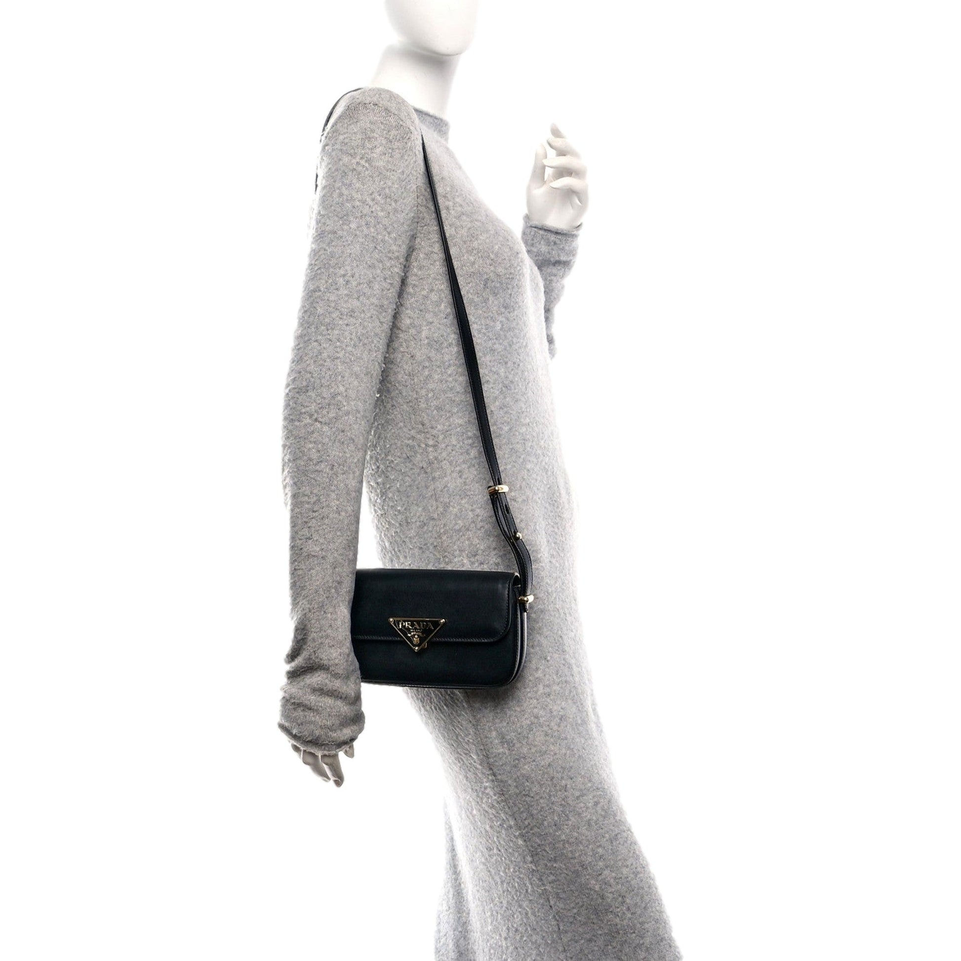 Prada Embleme Triangle Logo Soft Calfskin Crossbody Bag - Black -   Shop Bags LLC 