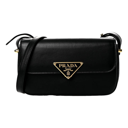 Prada Embleme Triangle Logo Soft Calfskin Crossbody Bag - Black -   Shop Bags LLC 
