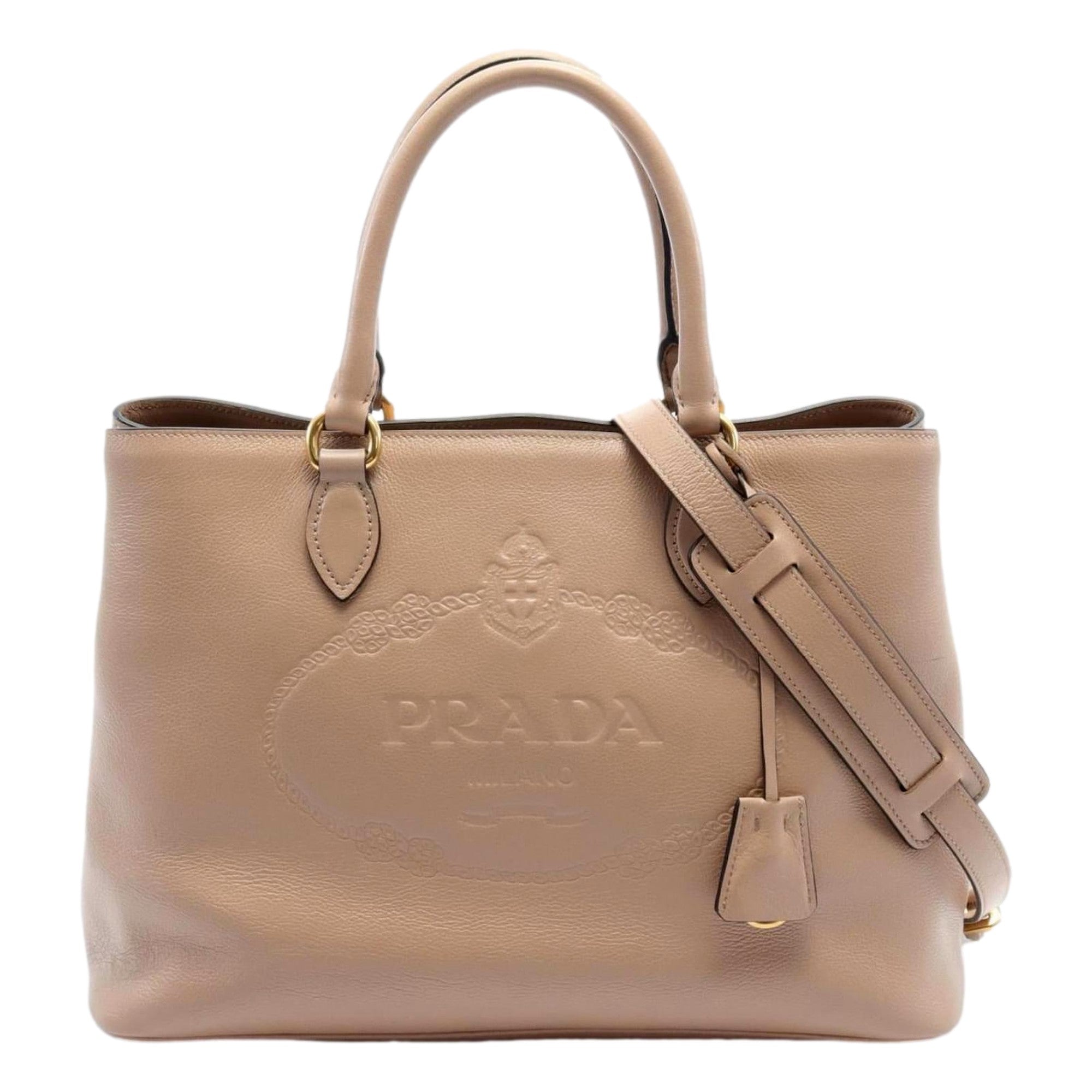 Prada Embossed Logo Soft Leather Handbag Shopper Tote Cammeo Beige -   Shop Bags LLC