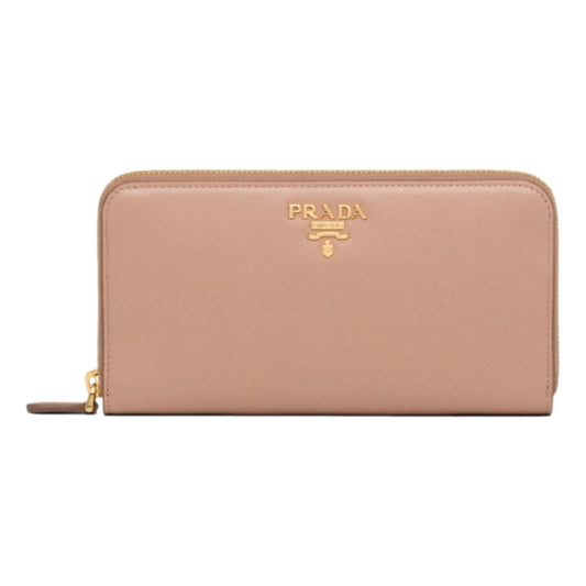 Prada Fashion Luxury Saffiano Continental Wallet - Beige/Red Interior