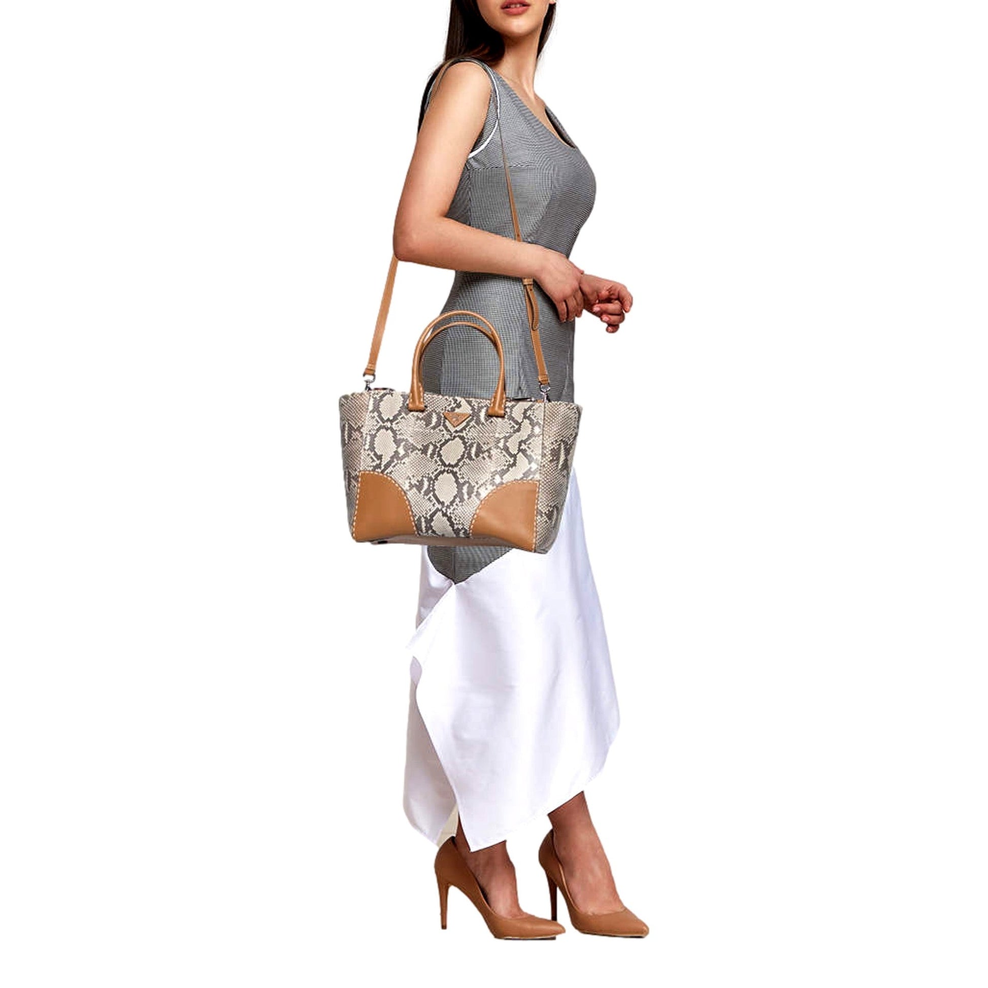Prada Galleria Natural Python Leather Brown Double Zip Tote Handbag -   Shop Bags LLC 