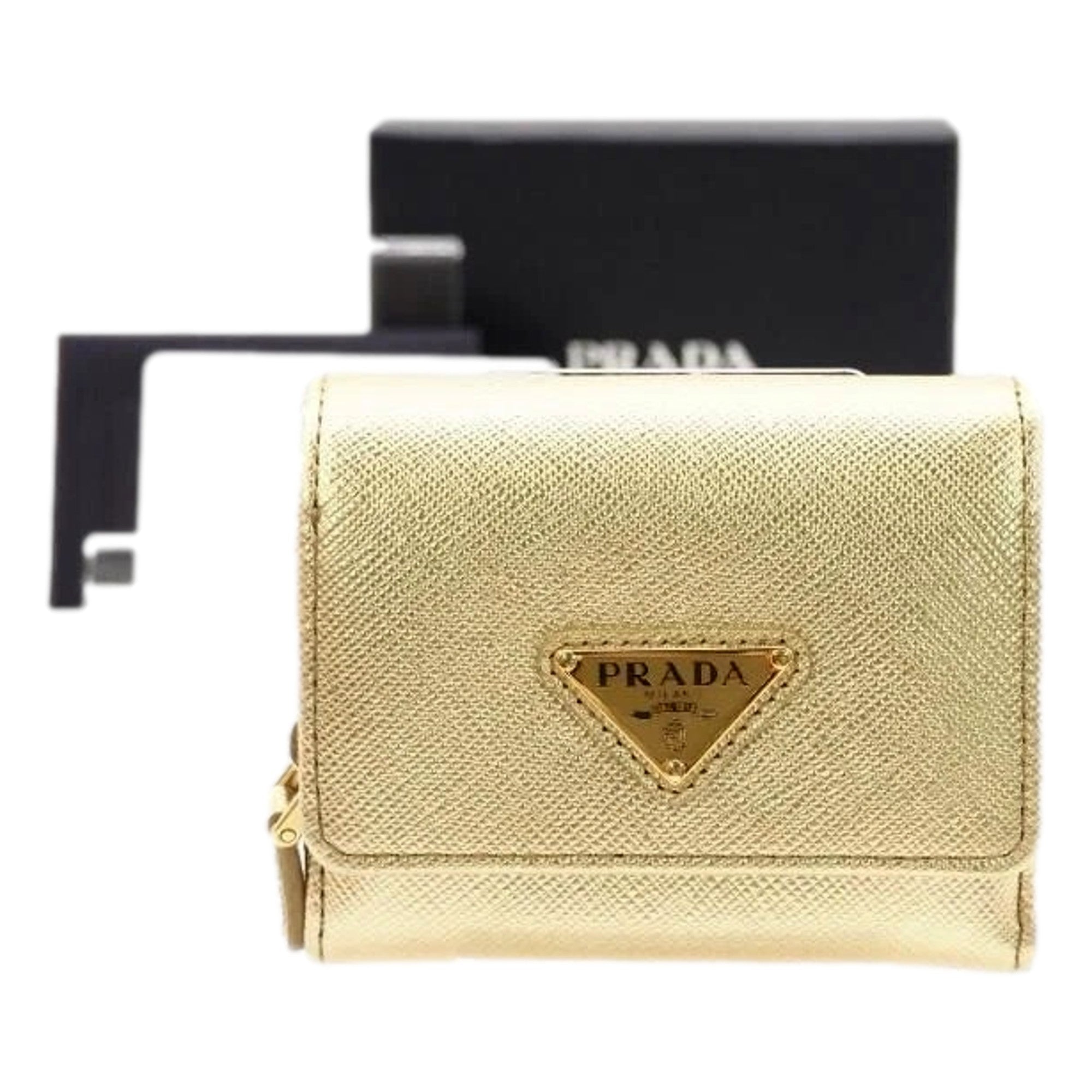 Prada Gold Trifold Wallet Card Case with Zipper Coin - Luxury Style -   Shop Bags LLC