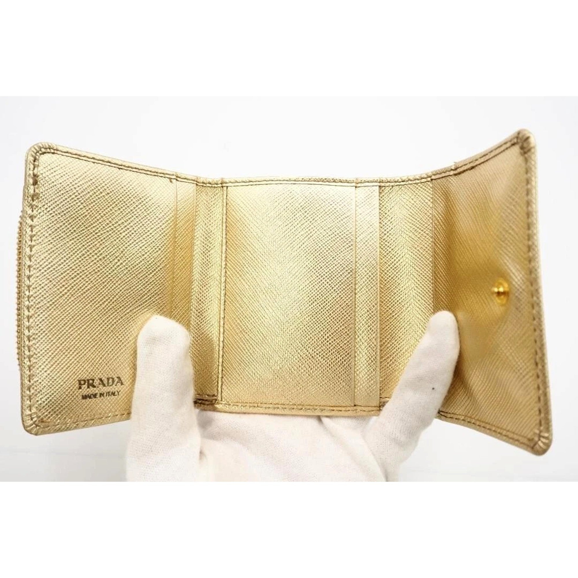 Prada Gold Trifold Wallet Card Case with Zipper Coin - Luxury Style -   Shop Bags LLC