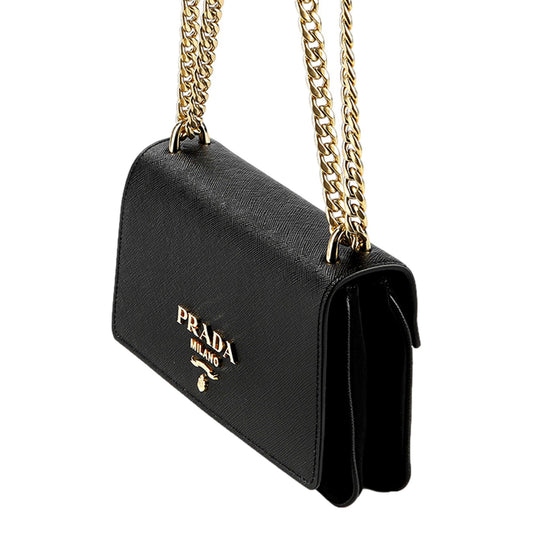 Prada Leather Black Crossbody Bag - Elegant Gold Chain Strap Luxury
