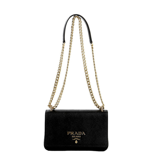 Prada Leather Black Crossbody Bag - Elegant Gold Chain Strap Luxury