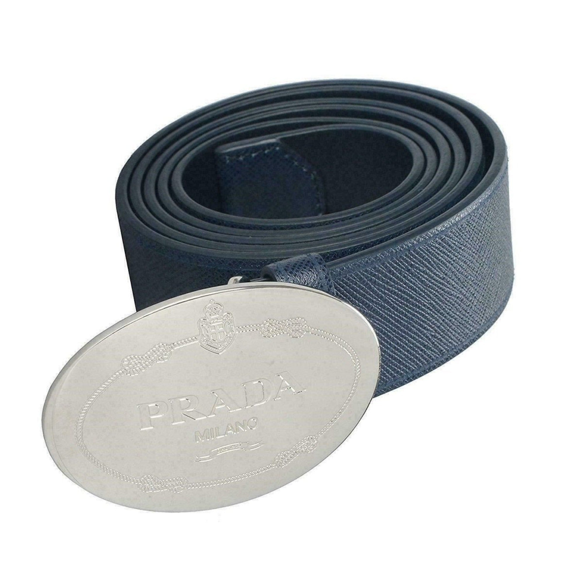 Prada Men's Navy Saffiano Leather Belt - Sophisticated Silver Buckle -   Shop Bags LLC