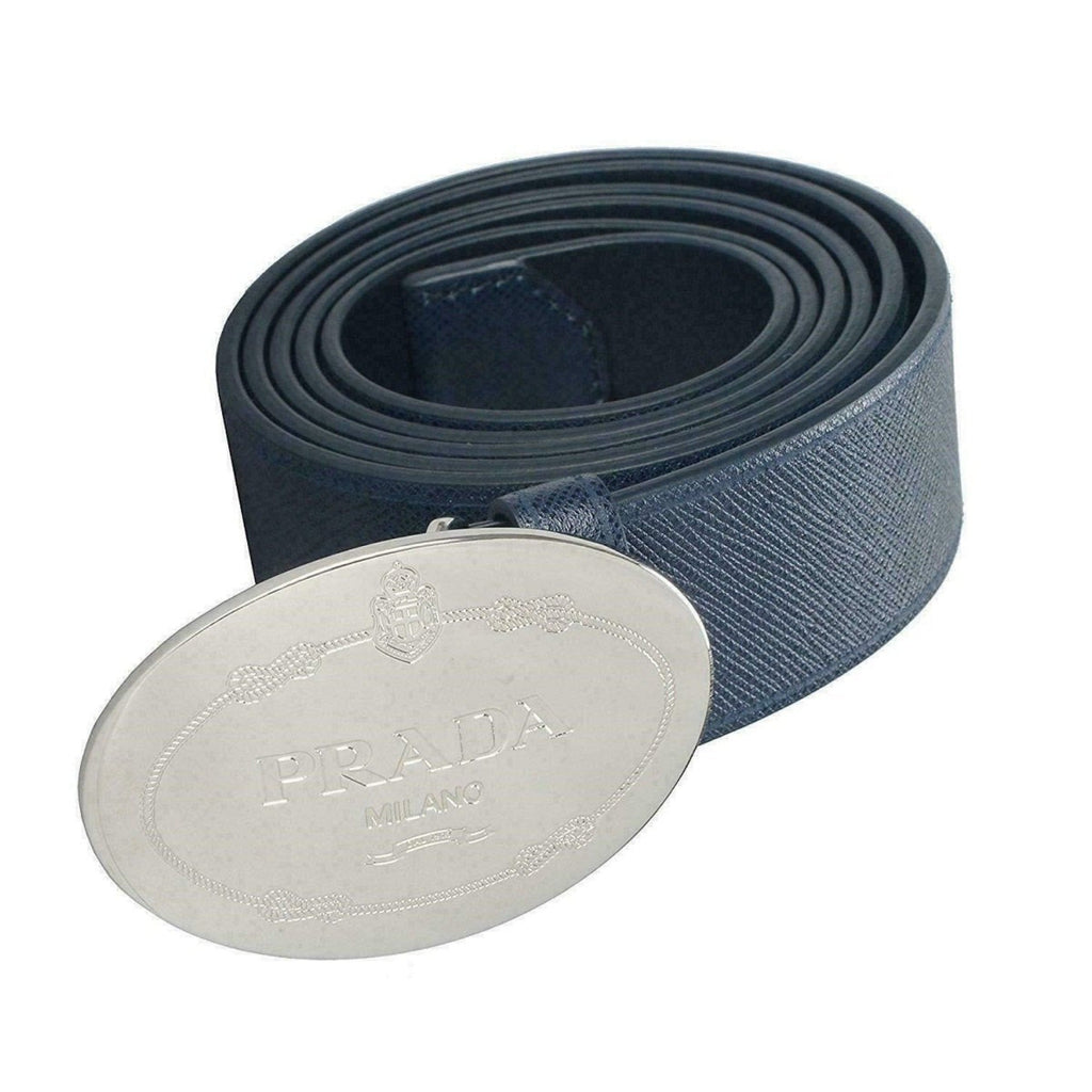Prada Men's Navy Saffiano Leather Belt - Sophisticated Silver Buckle -   Shop Bags LLC