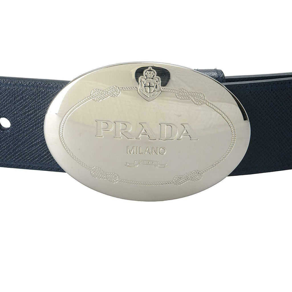 Prada Men's Navy Saffiano Leather Belt - Sophisticated Silver Buckle -   Shop Bags LLC