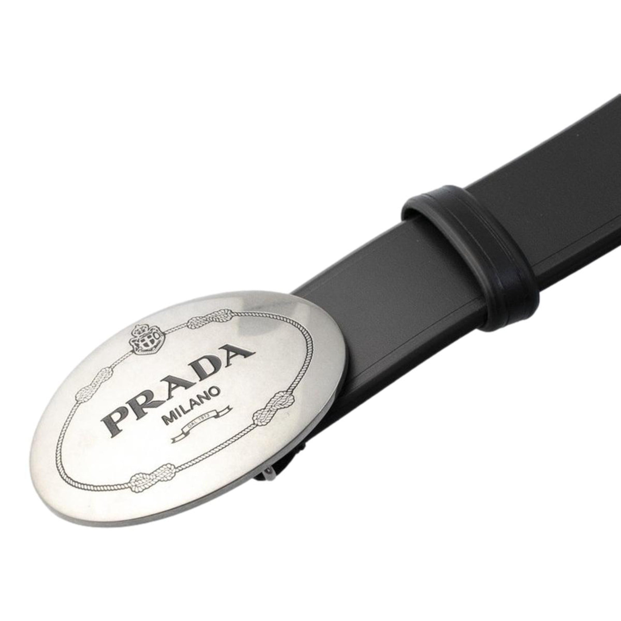 Prada Navy Saffiano Leather Belt - Elegant Matte Silver Buckle -   Shop Bags LLC