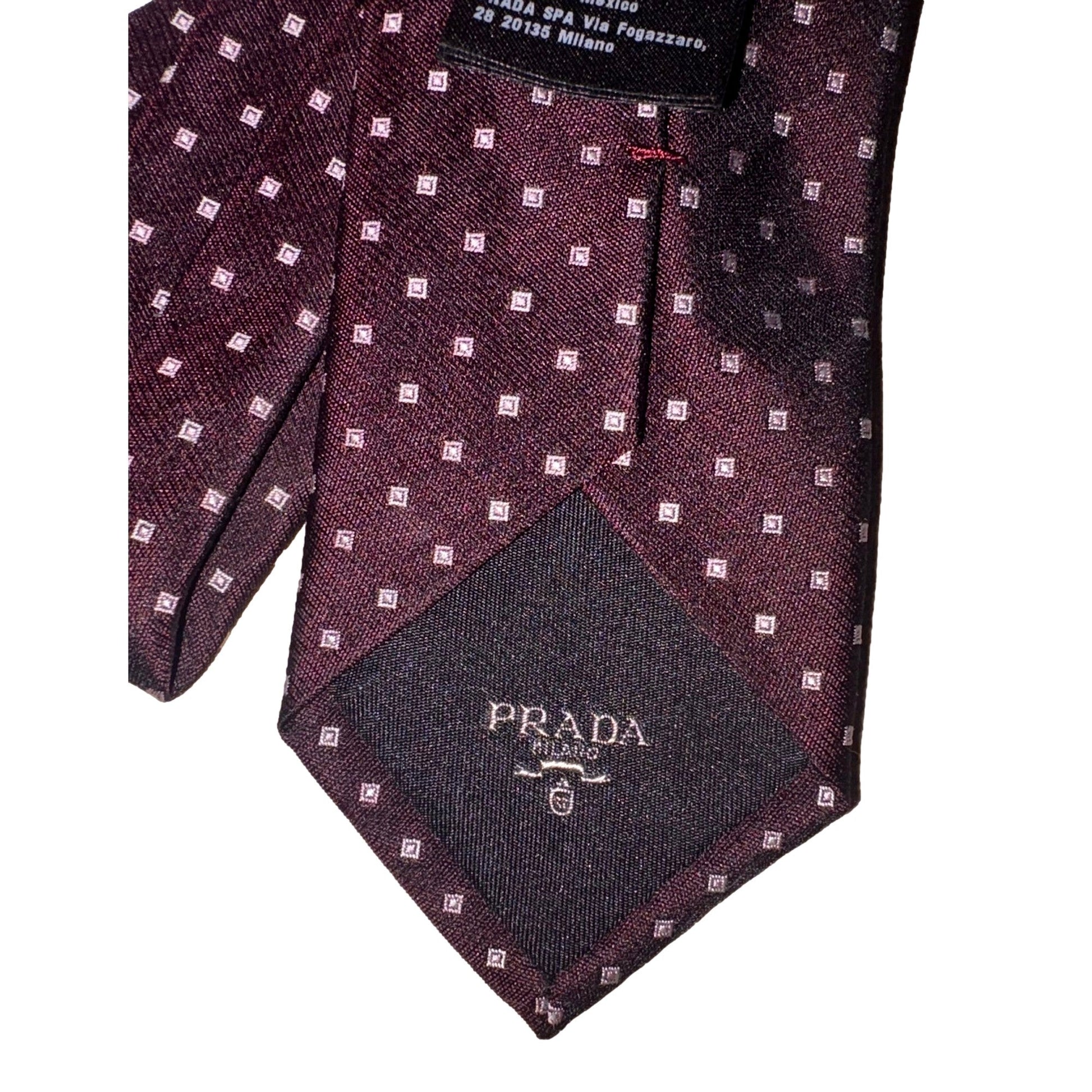 Prada Neck Tie - Bordeaux Red Silk with Geometric Elegance -   Shop Bags LLC