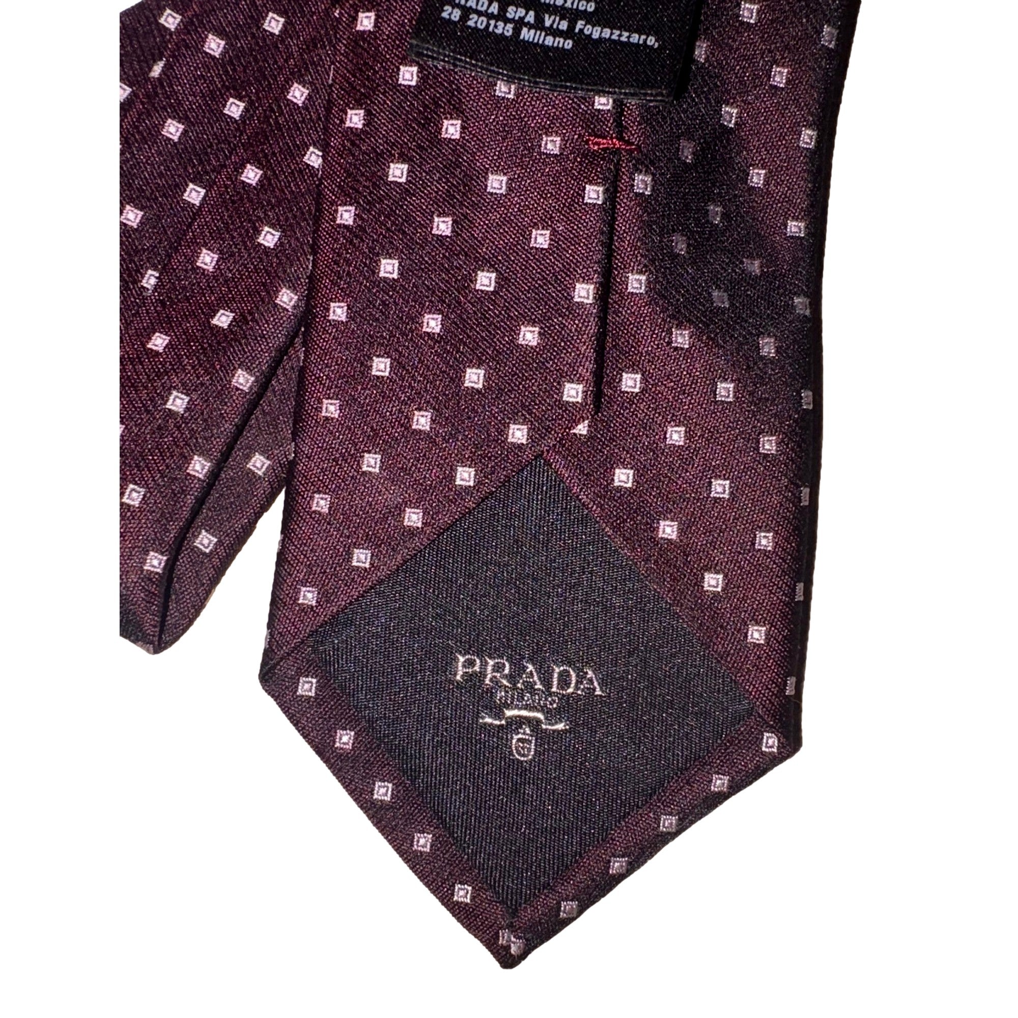 Prada Neck Tie - Bordeaux Red Silk with Geometric Elegance -   Shop Bags LLC