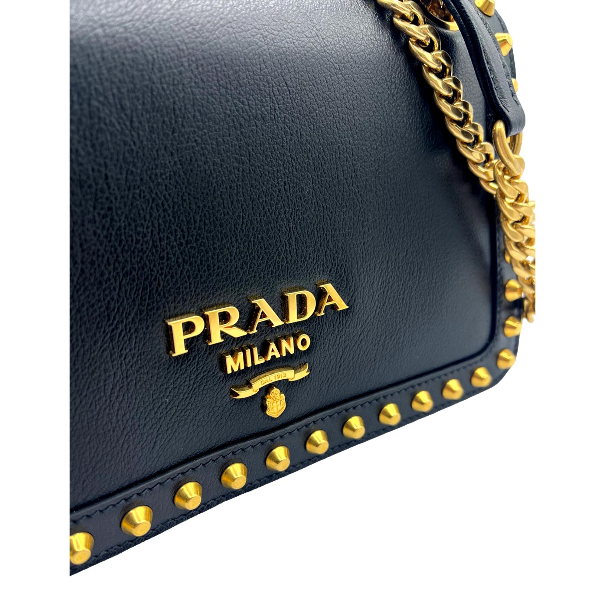 Prada Pattina Black Leather Studded Crossbody Bag - Luxury & Elegance -   Shop Bags LLC