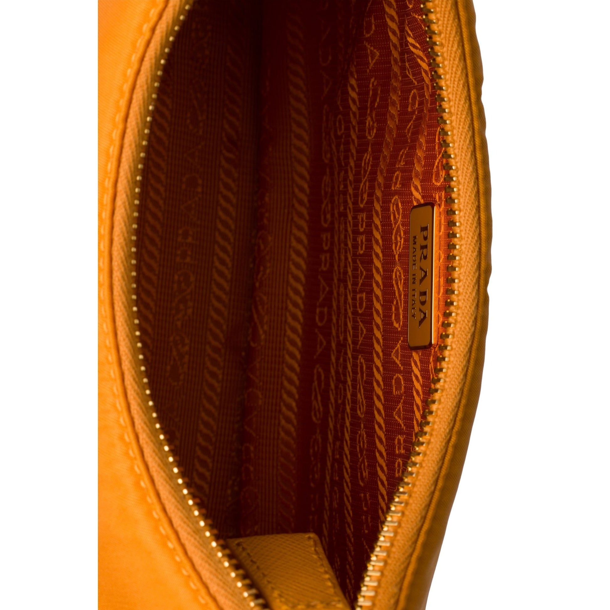 Prada Re-Edition 2005 Orange Re-Nylon and Saffiano Leather Shoulder Bag with Robot Charm Strap -   Shop Bags LLC 