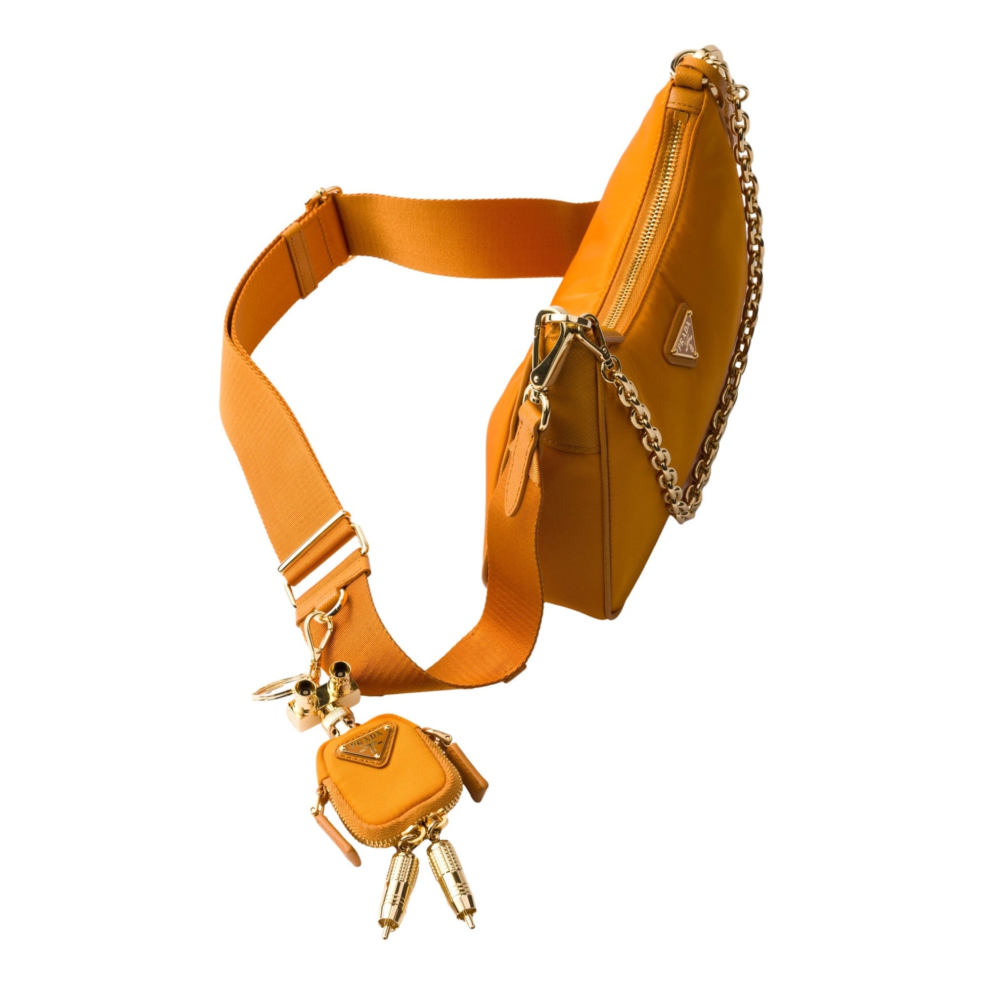 Prada Re-Edition 2005 Orange Re-Nylon and Saffiano Leather Shoulder Bag with Robot Charm Strap -   Shop Bags LLC 