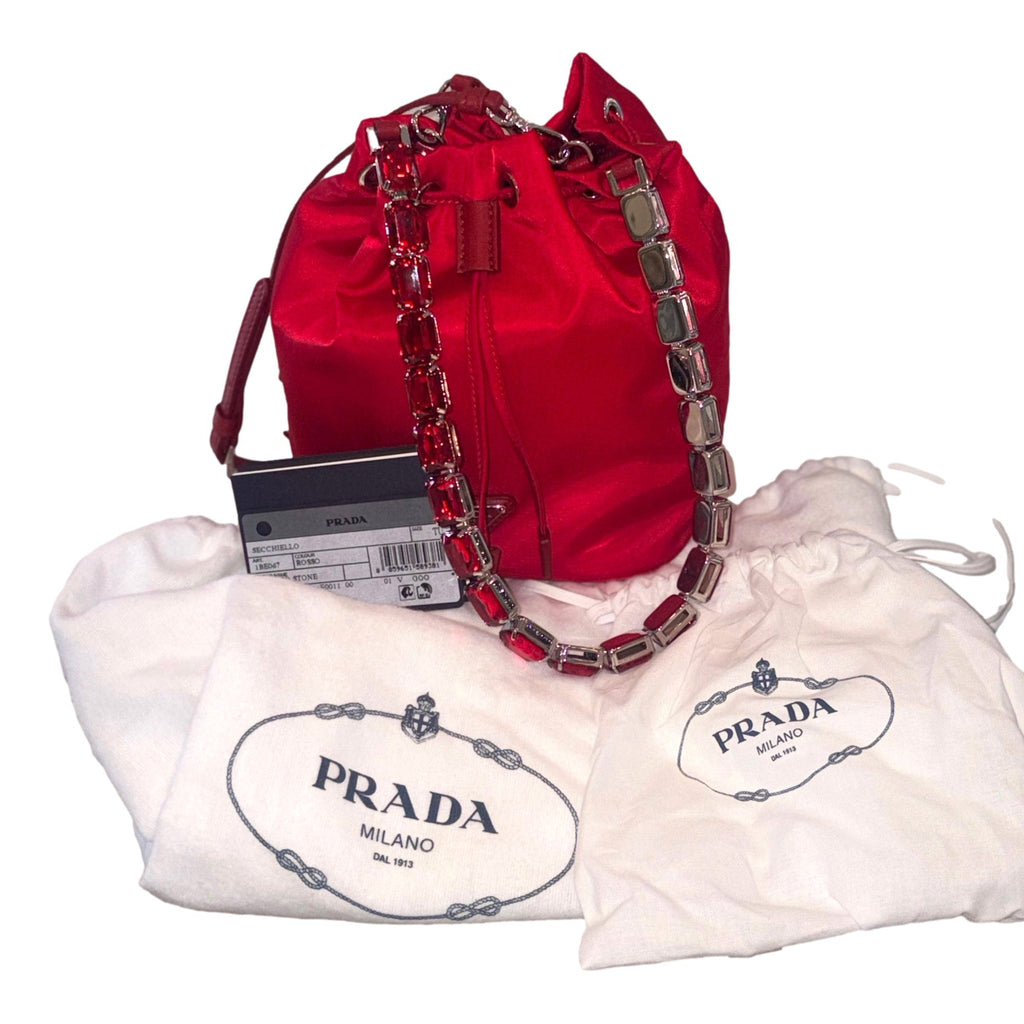 Prada Red Re-Nylon Bucket Bag - Crystal Handle & Versatile Style -   Shop Bags LLC