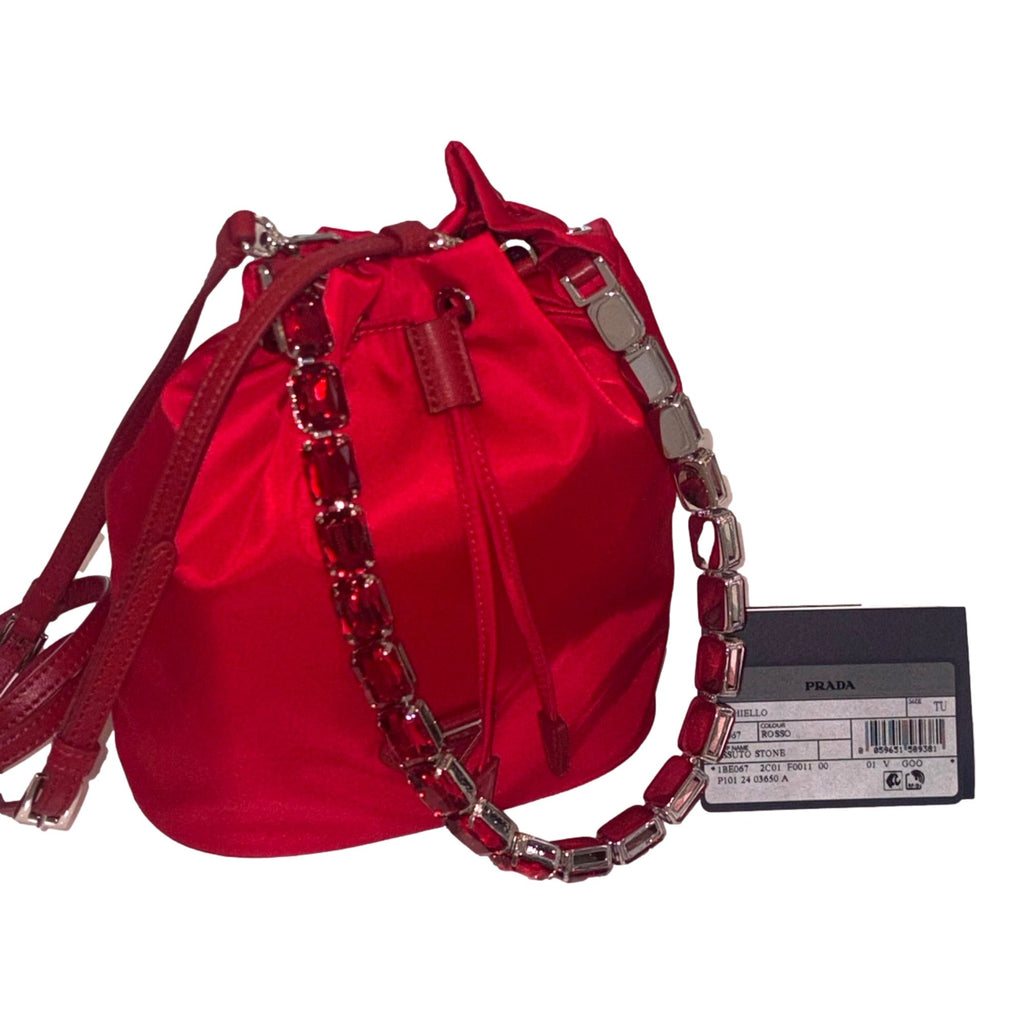Prada Red Re-Nylon Bucket Bag - Crystal Handle & Versatile Style -   Shop Bags LLC