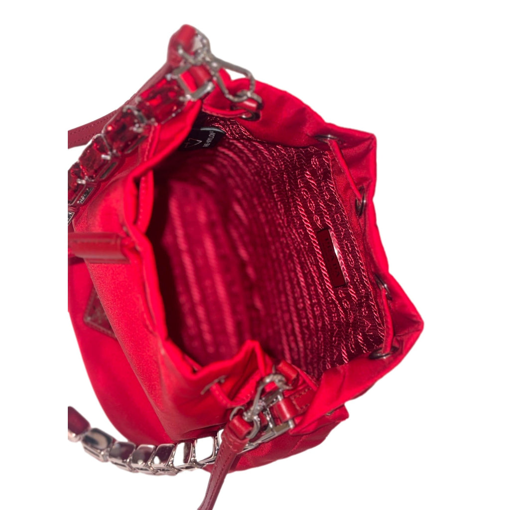Prada Red Re-Nylon Bucket Bag - Crystal Handle & Versatile Style -   Shop Bags LLC
