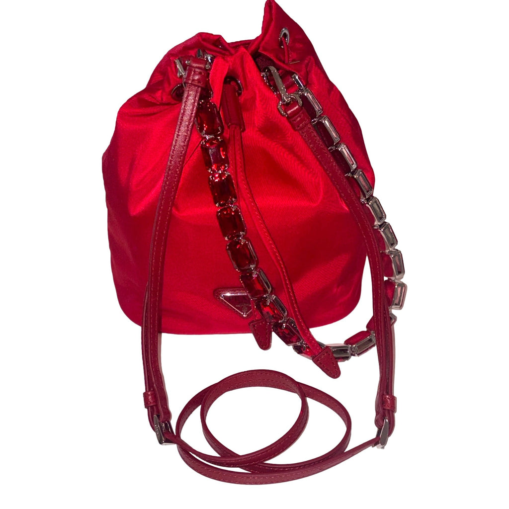 Prada Red Re-Nylon Bucket Bag - Crystal Handle & Versatile Style -   Shop Bags LLC