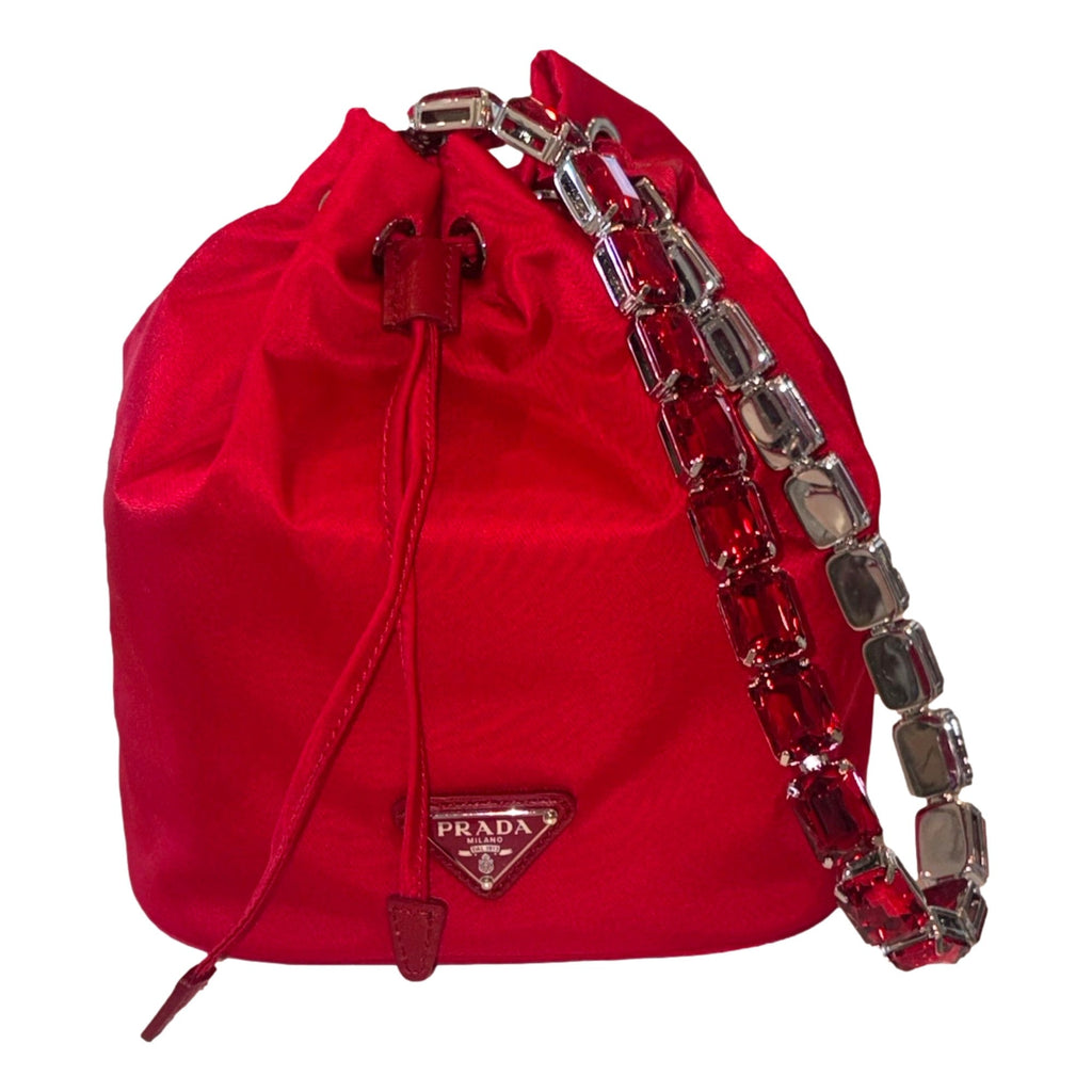 Prada Red Re-Nylon Bucket Bag - Crystal Handle & Versatile Style -   Shop Bags LLC