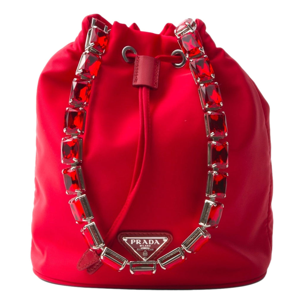 Prada Red Re-Nylon Bucket Bag - Crystal Handle & Versatile Style -   Shop Bags LLC