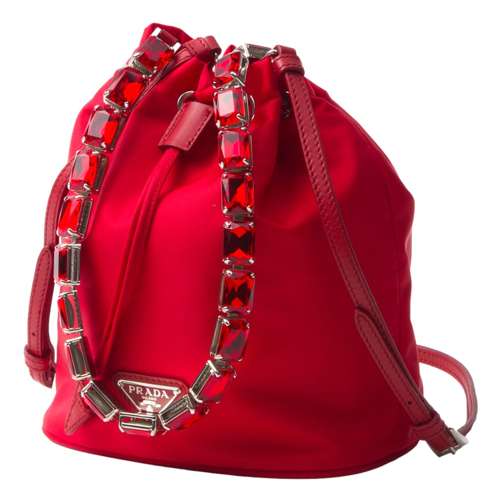 Prada Red Re-Nylon Bucket Bag - Crystal Handle & Versatile Style -   Shop Bags LLC