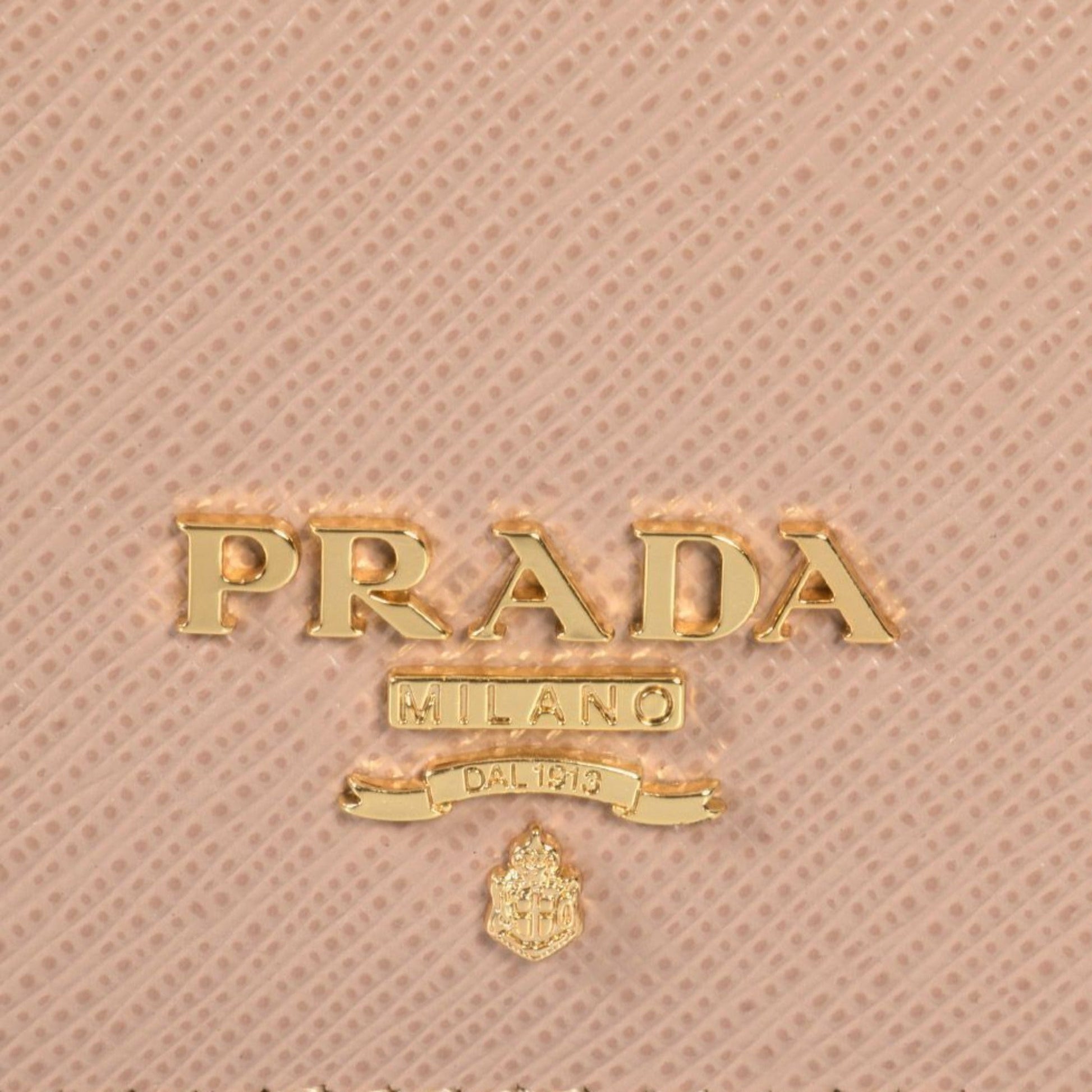 Prada Saffiano Leather Card Holder – Elegant Beige with Gold Logo -   Shop Bags LLC