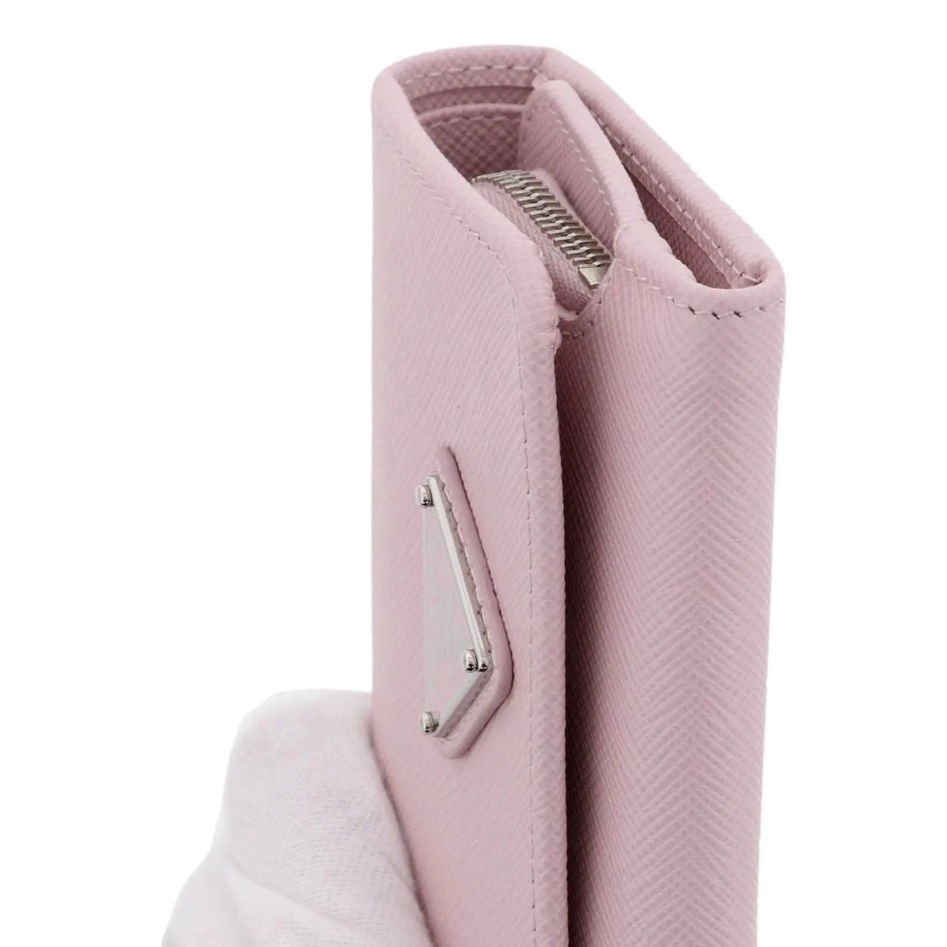 Prada Saffiano Light Pink Leather Wallet Coin Zipper Trifold Triangle Logo -   Shop Bags LLC 