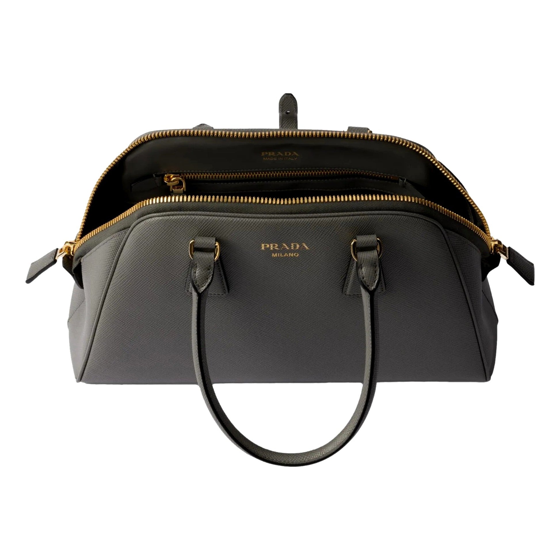 Prada Saffiano Soft Calfskin Top Handle Handbag Medium Marmo Gray -   Shop Bags LLC