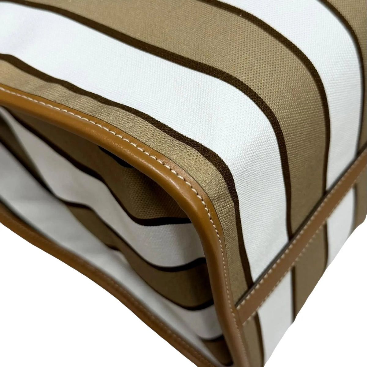 Prada Striped Canvas Tote Bag with Tan Leather Trim and Braided Rope Detail