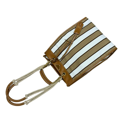 Prada Striped Canvas Tote Bag with Tan Leather Trim and Braided Rope Detail