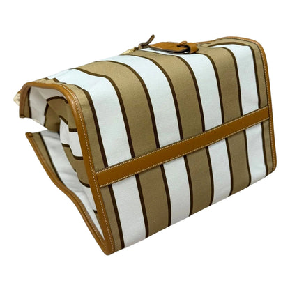 Prada Striped Canvas Tote Bag with Tan Leather Trim and Braided Rope Detail