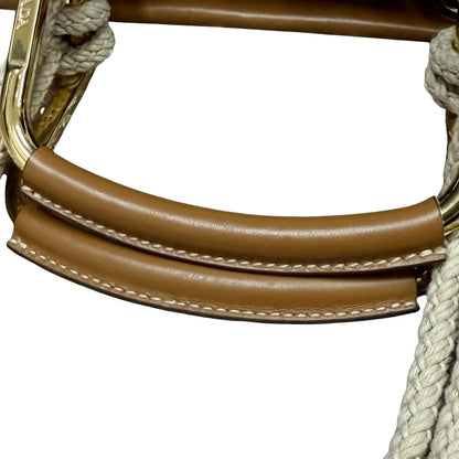 Prada Striped Canvas Tote Bag with Tan Leather Trim and Braided Rope Detail