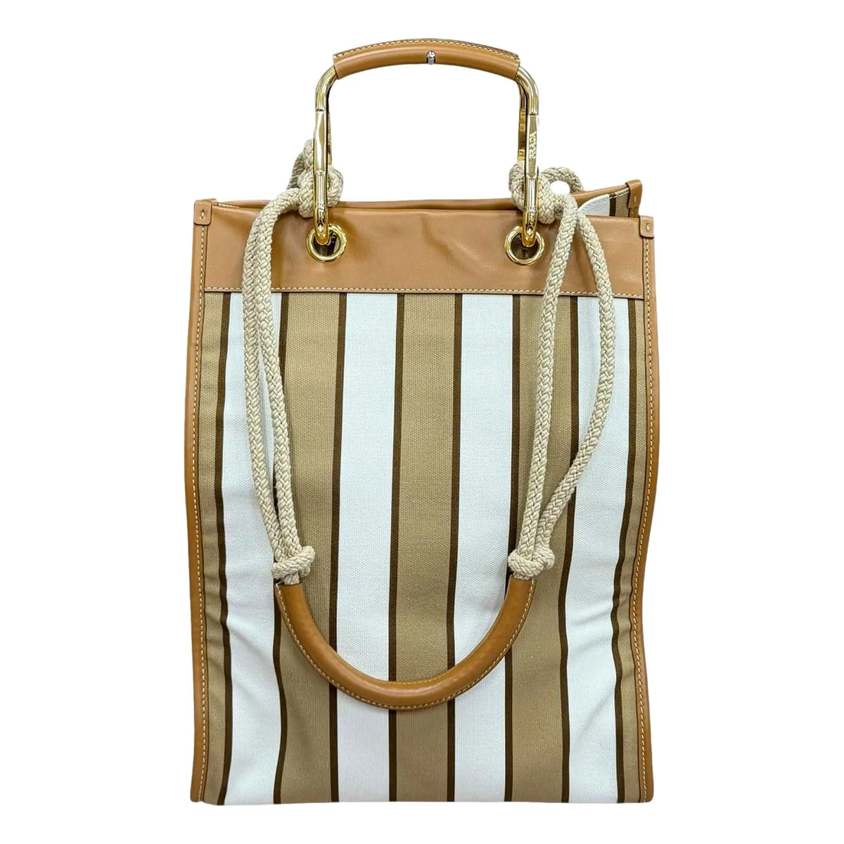 Prada Striped Canvas Tote Bag with Tan Leather Trim and Braided Rope Detail