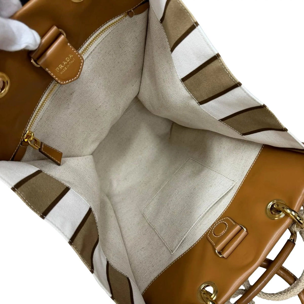Prada Striped Canvas Tote Bag with Tan Leather Trim and Braided Rope Detail