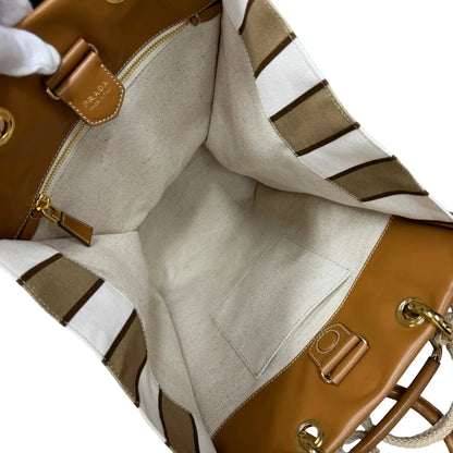 Prada Striped Canvas Tote Bag with Tan Leather Trim and Braided Rope Detail