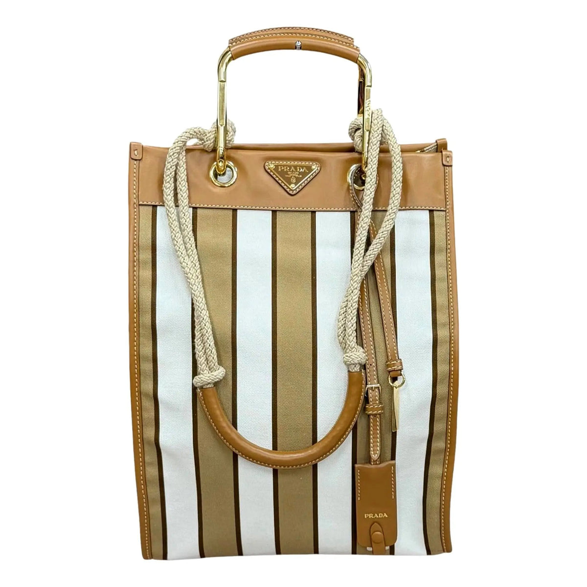 Prada Striped Canvas Tote Bag with Tan Leather Trim and Braided Rope Detail