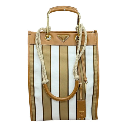 Prada Striped Canvas Tote Bag with Tan Leather Trim and Braided Rope Detail
