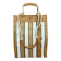 Prada Striped Canvas Tote Bag with Tan Leather Trim and Braided Rope Detail