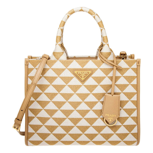Prada Symbole Small Tote: Elegant Beige & Chalk White Jacquard