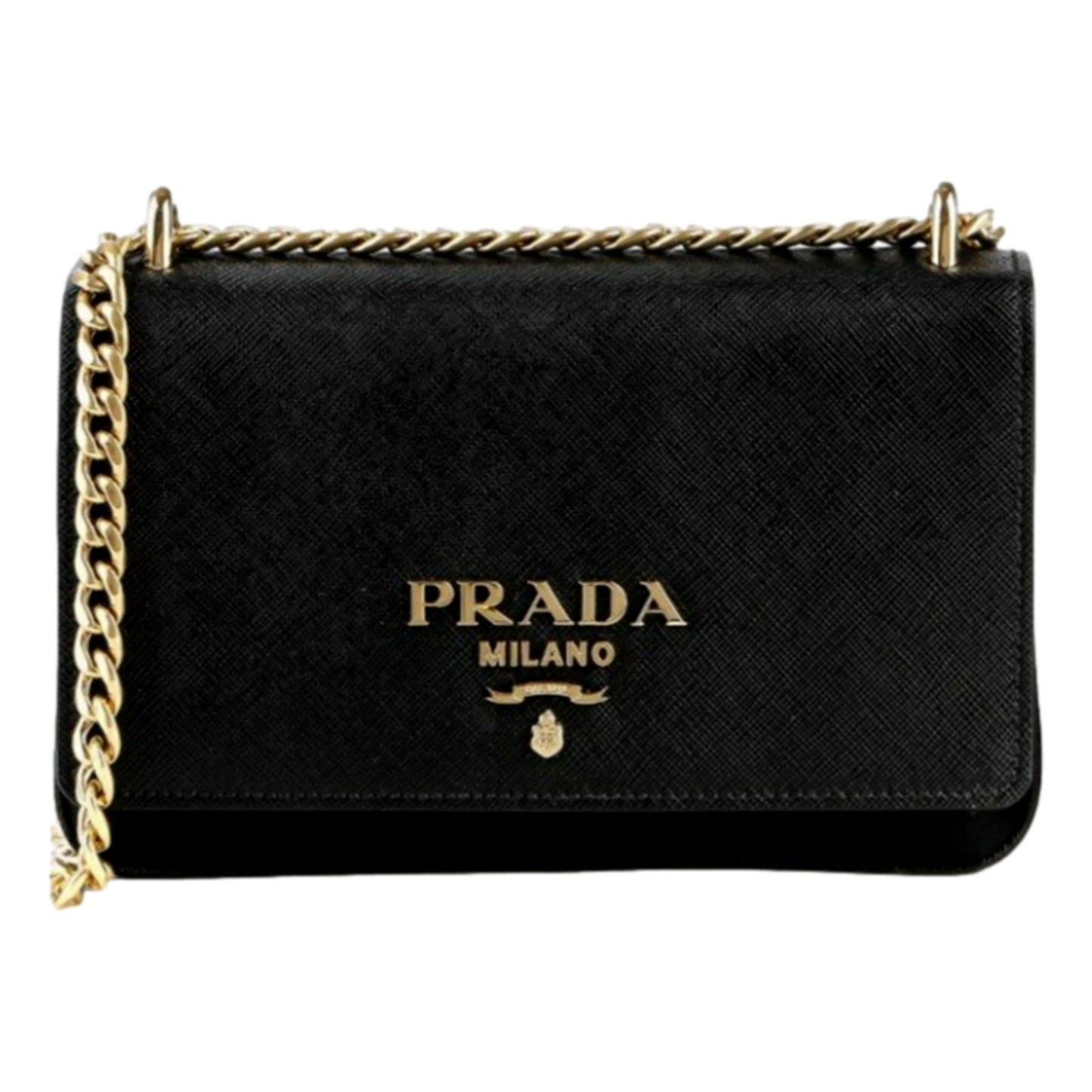 Prada Tessuto and Saffiano Leather Black Crossbody Bag with Gold Chain Strap -   Shop Bags LLC 