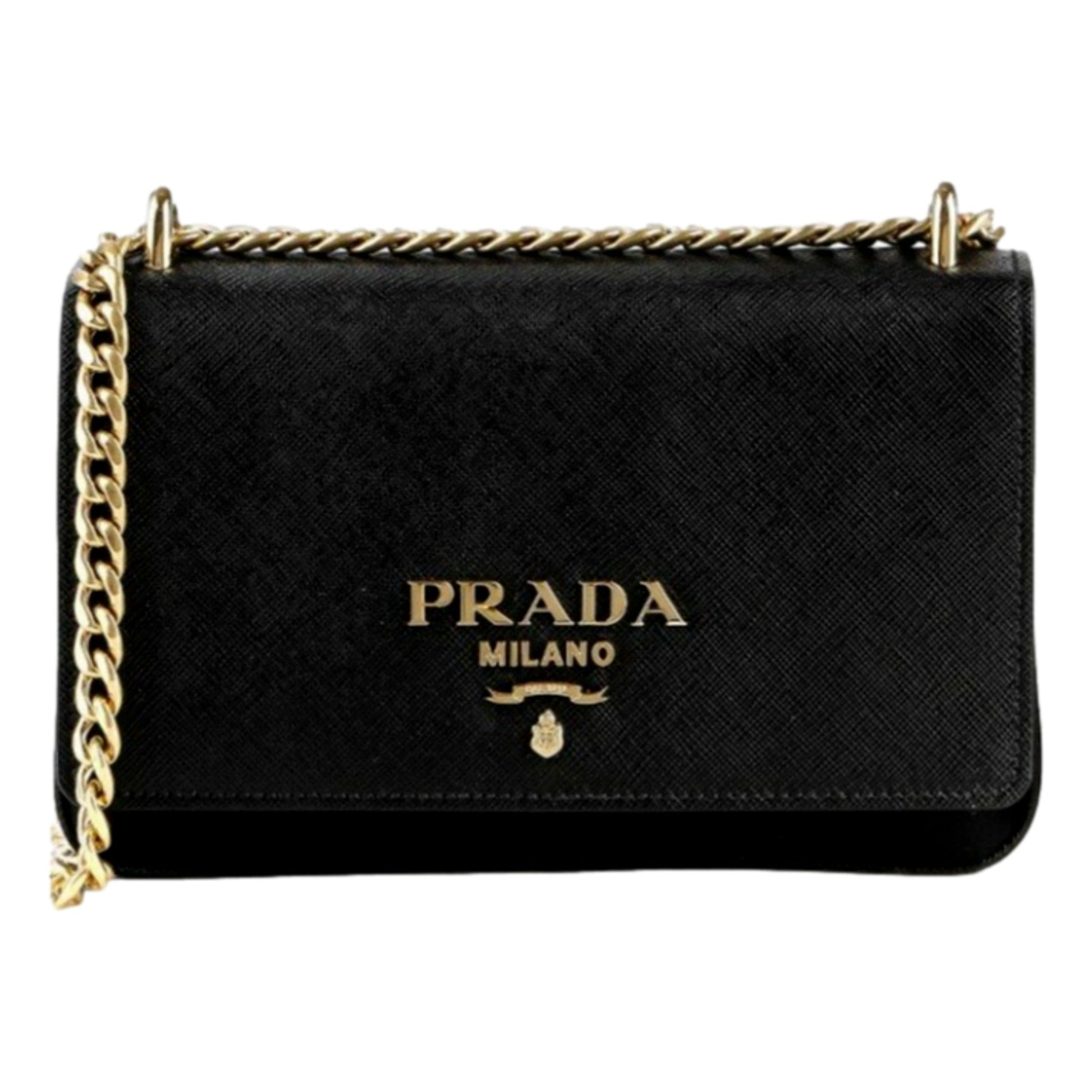 Prada Tessuto and Saffiano Leather Black Crossbody Bag with Gold Chain Strap -   Shop Bags LLC 
